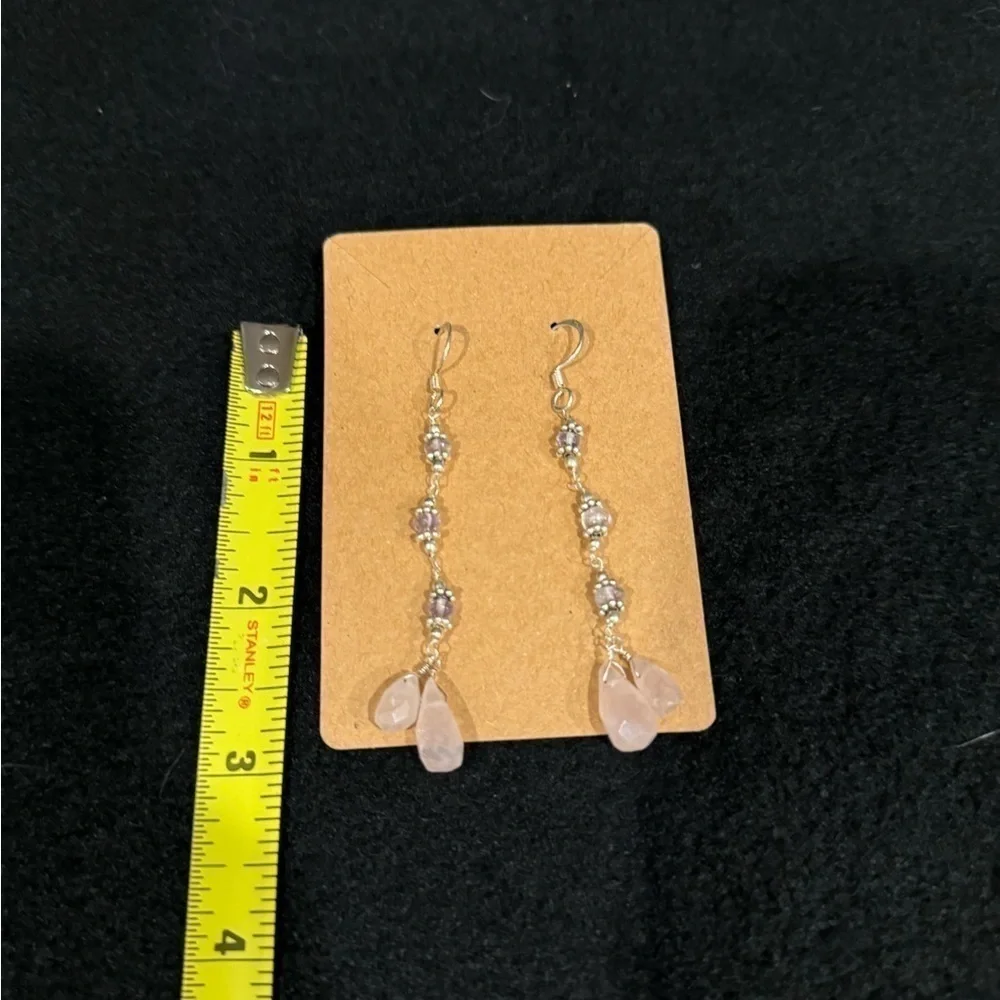 Crackled pink Quartz silver long chandelier earrings